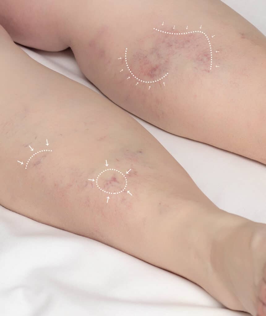 Markers on the legs of a woman highlighting her red raised skin around the varicose veins. The concept of treatment of varicose veins and the side effects.