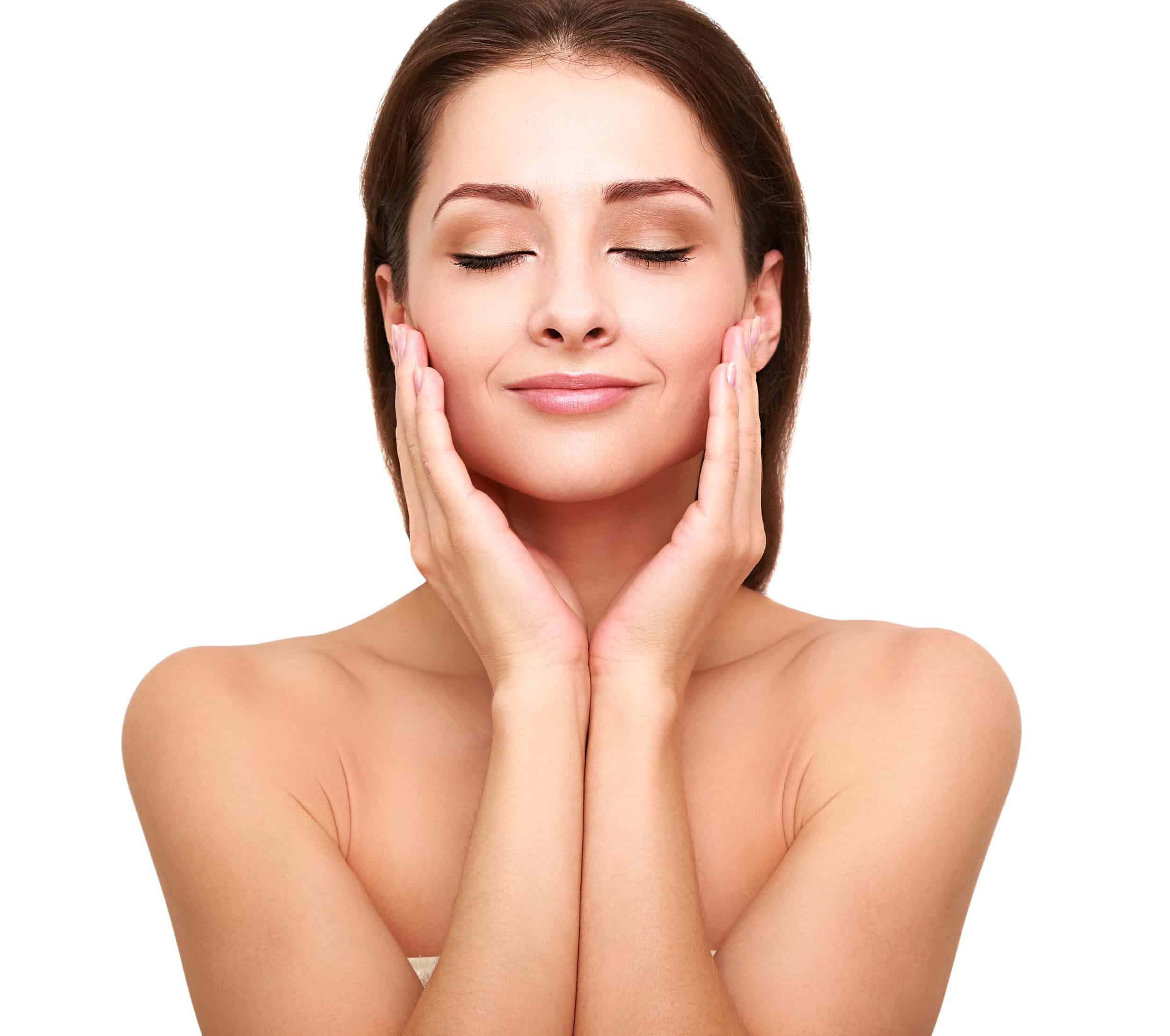 Beautiful spa woman with clean beauty skin touching face